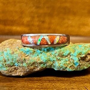 Southwestern Opal and Orange Coral Inlay Size 7.5 Band Ring Sterling Silver 925